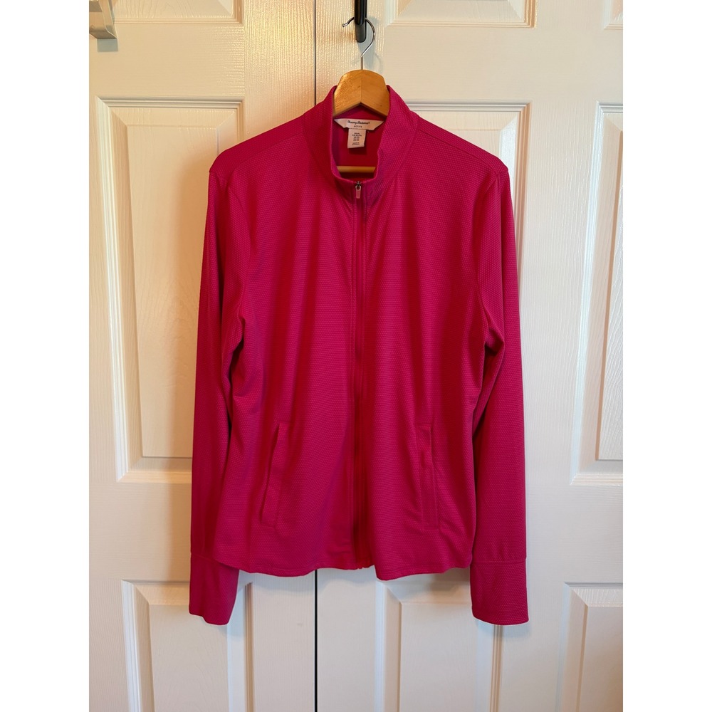 Tommy Bahama Active Pink Waffle Knit Full Zip Jacket Thumbholes Womens XL